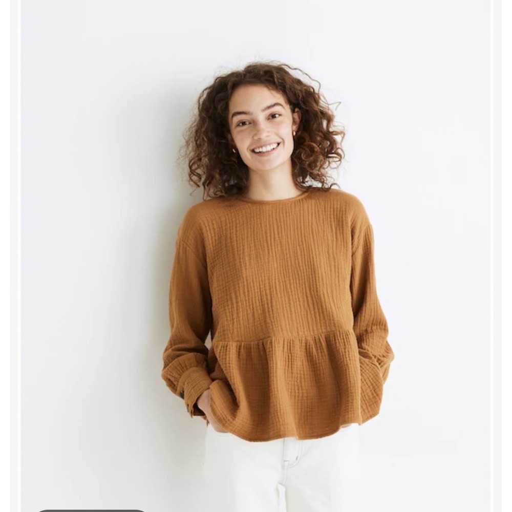 Madewell Open Back Tie Peplum Top Brown Gold Seersucker Long Sleeve Blouse M